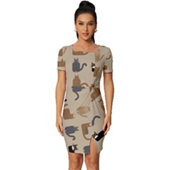 Cat Pattern Texture Animal Fitted Knot Split End Bodycon Dress by Maspions