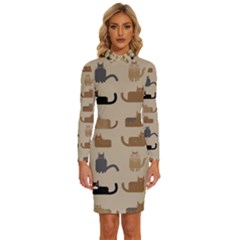 Cat Pattern Texture Animal Long Sleeve Shirt Collar Bodycon Dress