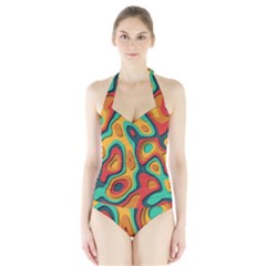 Paper Cut Abstract Pattern Halter Swimsuit