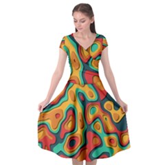 Paper Cut Abstract Pattern Cap Sleeve Wrap Front Dress