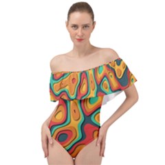 Paper Cut Abstract Pattern Off Shoulder Velour Bodysuit 