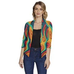 Paper Cut Abstract Pattern Women s Draped Front 3/4 Sleeve Shawl Collar Jacket by Maspions