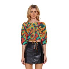 Paper Cut Abstract Pattern Mid Sleeve Drawstring Hem Top