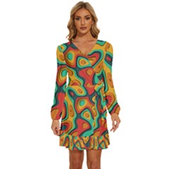 Paper Cut Abstract Pattern Long Sleeve Waist Tie Ruffle Velvet Dress