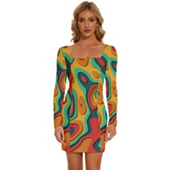 Paper Cut Abstract Pattern Long Sleeve Square Neck Bodycon Velvet Dress