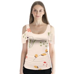 Spring Art Floral Pattern Design Butterfly Sleeve Cutout T-shirt 