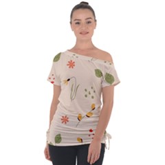 Spring Art Floral Pattern Design Off Shoulder Tie-up T-shirt