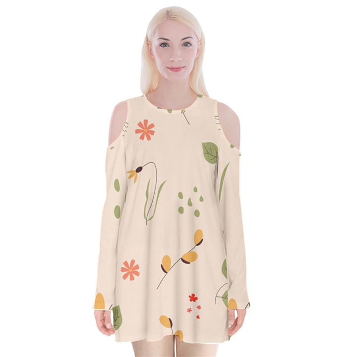 Spring Art Floral Pattern Design Velvet Long Sleeve Shoulder Cutout Dress