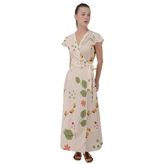 Spring Art Floral Pattern Design Flutter Sleeve Maxi Dress