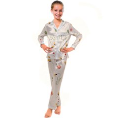 Spring Art Floral Pattern Design Kids  Satin Long Sleeve Pajamas Set