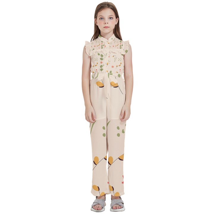 Spring Art Floral Pattern Design Kids  Sleeveless Ruffle Edge Band Collar Chiffon One Piece