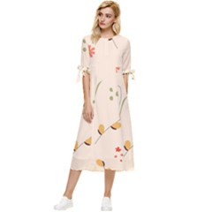 Spring Art Floral Pattern Design Bow Sleeve Chiffon Midi Dress