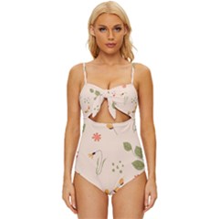 Spring Art Floral Pattern Design Knot Front One-piece Swimsuit