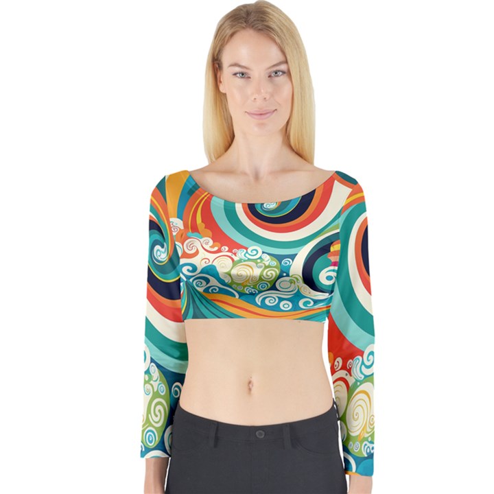 Waves Ocean Sea Abstract Whimsical Long Sleeve Crop Top