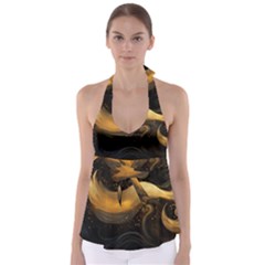 Abstract Gold Wave Background Tie Back Tankini Top