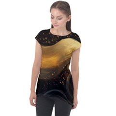 Abstract Gold Wave Background Cap Sleeve High Low Top by Maspions