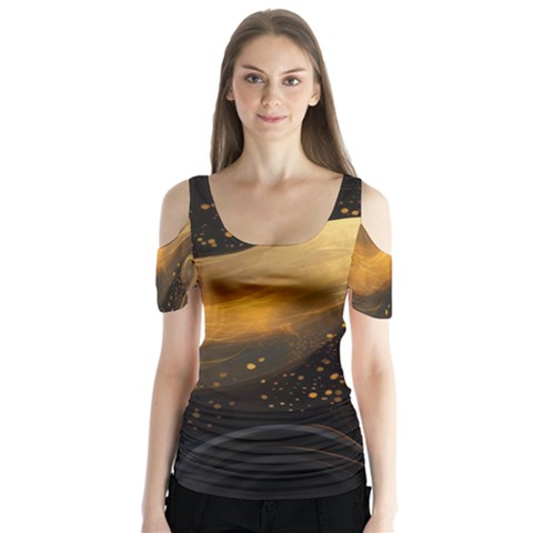 Abstract Gold Wave Background Butterfly Sleeve Cutout T-shirt  by Maspions