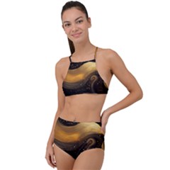 Abstract Gold Wave Background Halter Tankini Set