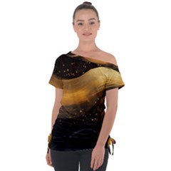 Abstract Gold Wave Background Off Shoulder Tie-up T-shirt