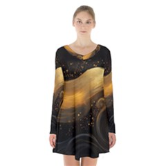 Abstract Gold Wave Background Long Sleeve Velvet V-neck Dress