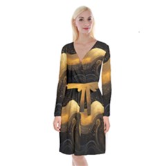 Abstract Gold Wave Background Long Sleeve Velvet Front Wrap Dress