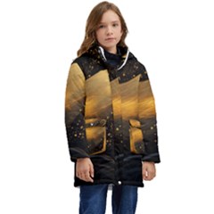 Abstract Gold Wave Background Kids  Hooded Longline Puffer Jacket by Maspions