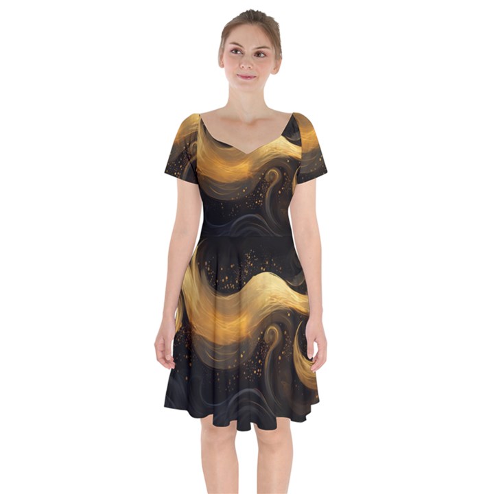 Abstract Gold Wave Background Short Sleeve Bardot Dress