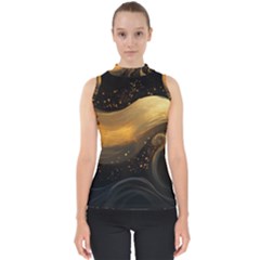 Abstract Gold Wave Background Mock Neck Shell Top