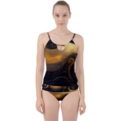 Abstract Gold Wave Background Cut Out Top Tankini Set