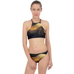 Abstract Gold Wave Background Halter Bikini Set