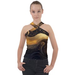 Abstract Gold Wave Background Cross Neck Velour Top