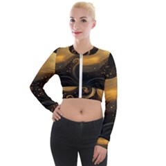 Abstract Gold Wave Background Long Sleeve Cropped Velvet Jacket by Maspions