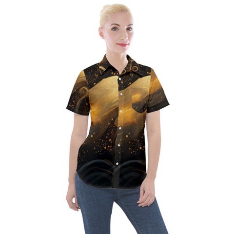 Abstract Gold Wave Background Women s Short Sleeve Pocket Shirt by Maspions