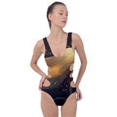 Abstract Gold Wave Background Side Cut Out Swimsuit by Maspions