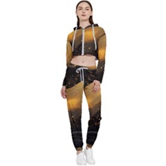 Abstract Gold Wave Background Cropped Zip Up Lounge Set