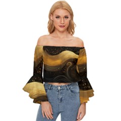 Abstract Gold Wave Background Off Shoulder Flutter Bell Sleeve Top