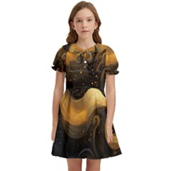 Abstract Gold Wave Background Kids  Bow Tie Puff Sleeve Dress