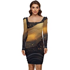 Abstract Gold Wave Background Women Long Sleeve Ruched Stretch Jersey Dress