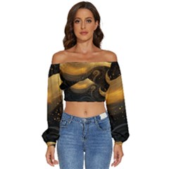 Abstract Gold Wave Background Long Sleeve Crinkled Weave Crop Top