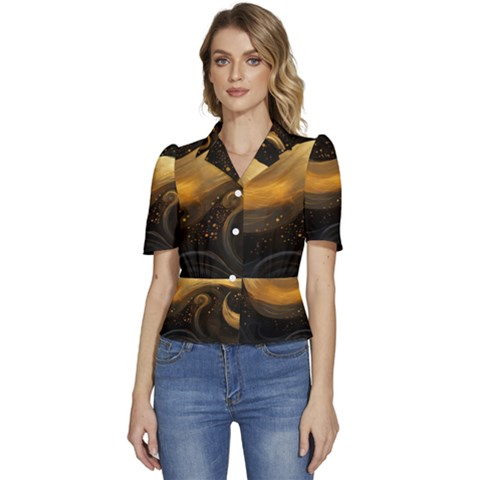 Abstract Gold Wave Background Puffed Short Sleeve Button Up Jacket by Maspions