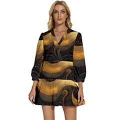 Abstract Gold Wave Background V-neck Placket Mini Dress