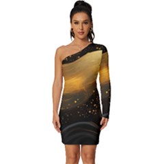 Abstract Gold Wave Background Long Sleeve One Shoulder Mini Dress