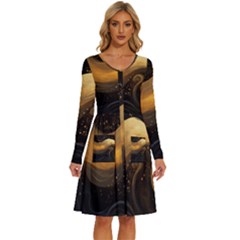 Abstract Gold Wave Background Long Sleeve Dress With Pocket by Maspions