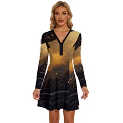 Abstract Gold Wave Background Long Sleeve Deep V Mini Dress 