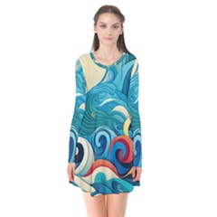 Waves Wave Ocean Sea Abstract Whimsical Long Sleeve V-neck Flare Dress