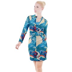 Waves Wave Ocean Sea Abstract Whimsical Button Long Sleeve Dress