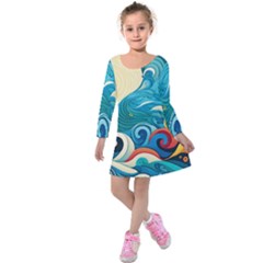 Waves Wave Ocean Sea Abstract Whimsical Kids  Long Sleeve Velvet Dress