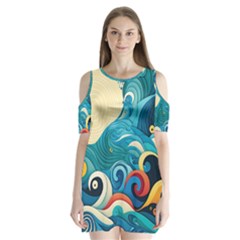 Waves Wave Ocean Sea Abstract Whimsical Shoulder Cutout Velvet One Piece