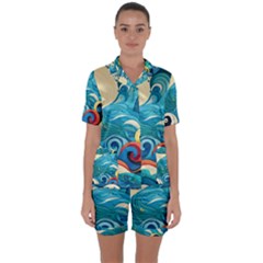 Waves Wave Ocean Sea Abstract Whimsical Satin Short Sleeve Pajamas Set