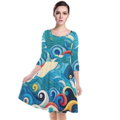 Waves Wave Ocean Sea Abstract Whimsical Quarter Sleeve Waist Band Dress